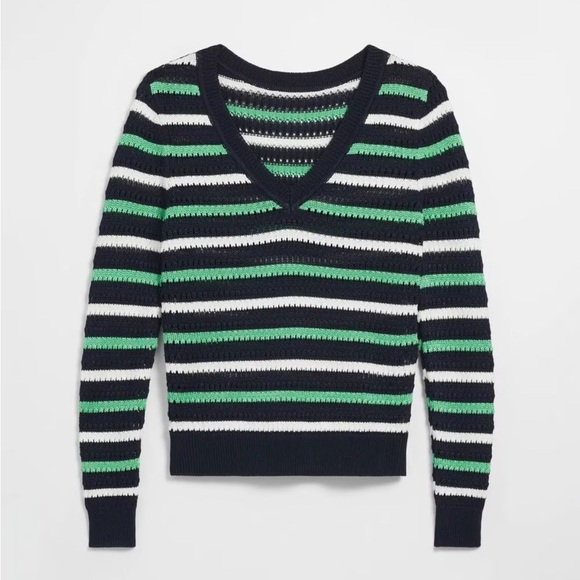 WHBM Long Sleeve Stripe V-Neck Pullover Sweater Crochet knit Size Medium - Picture 2 of 12